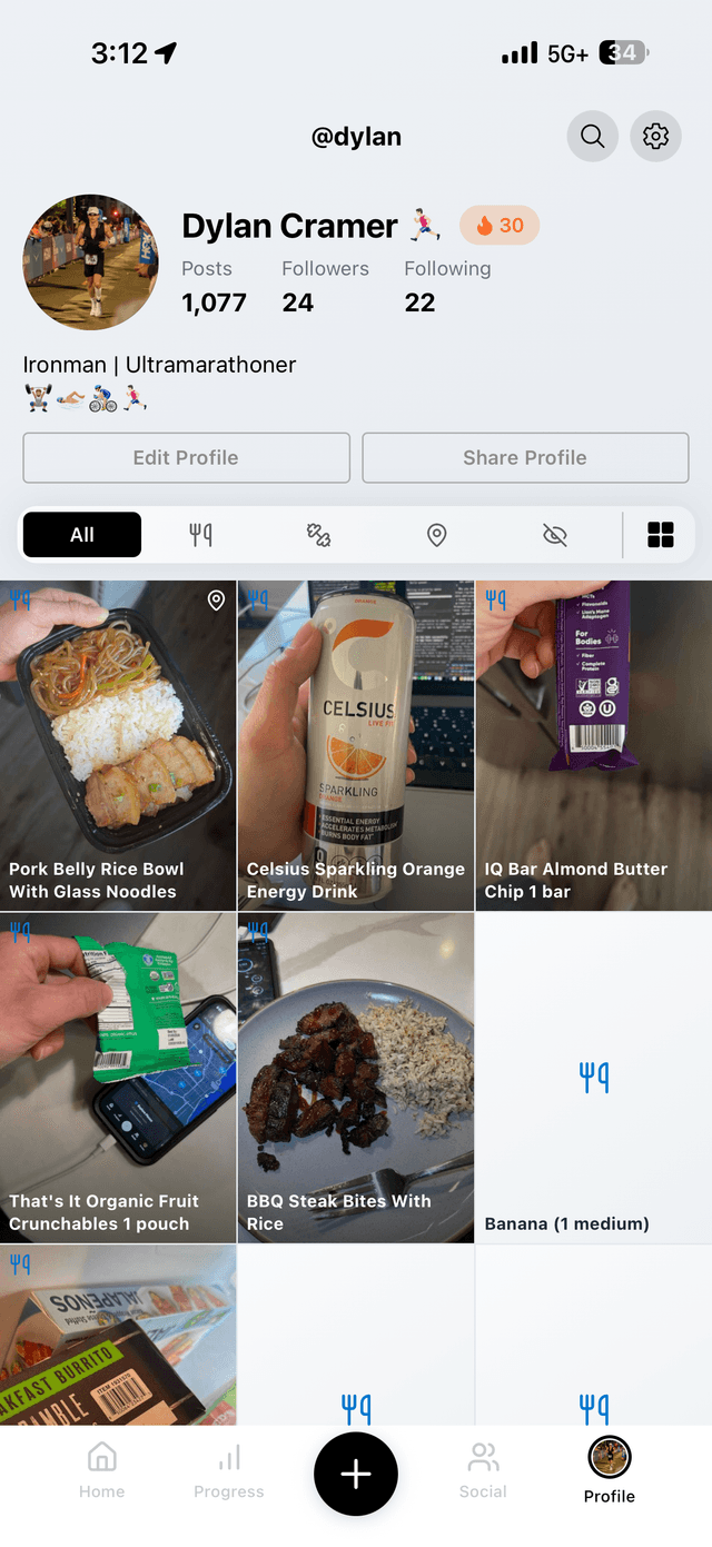 InstaCal profile screen showing food posts